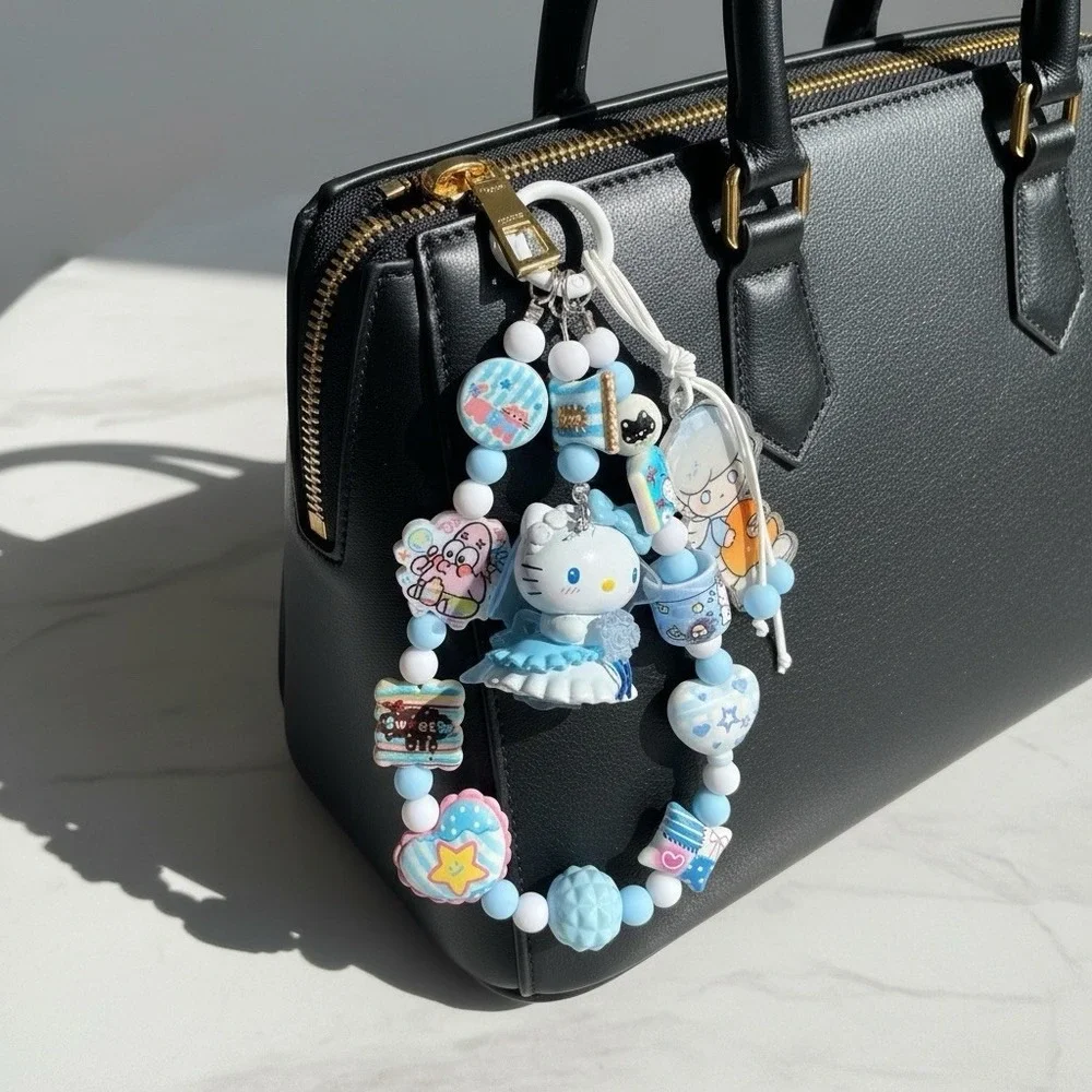 Handmade Cute Wedding Cat Purse Charm Pastel Beaded‎ 3 layered Keychain